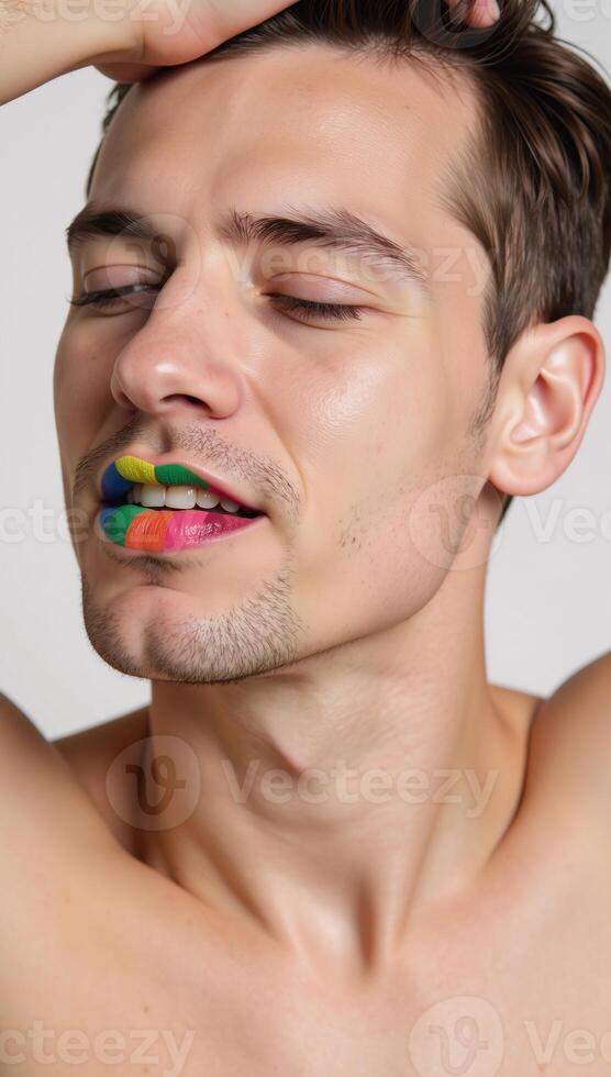 A man sporting vibrant colorful lips depicted in a closeup shot representing either Pride or LGBTQ themes photo