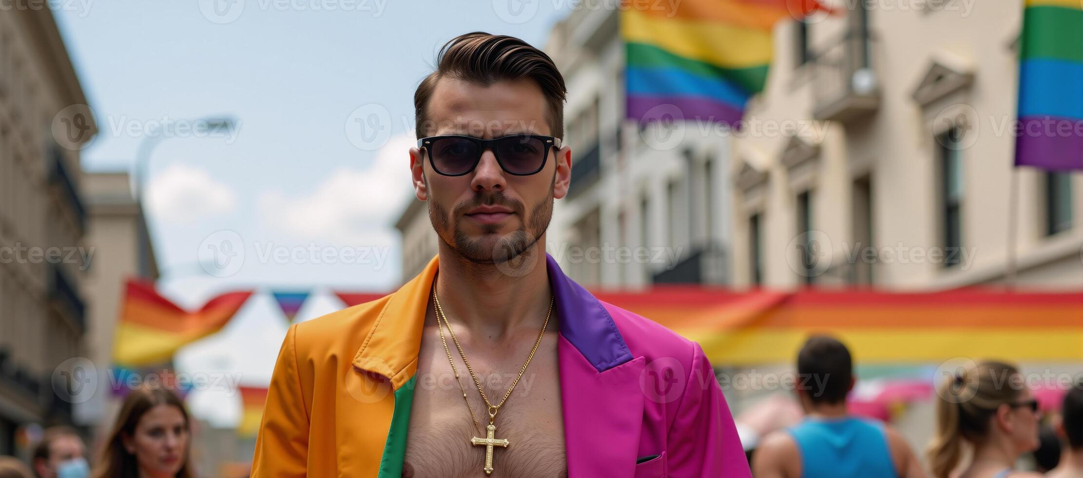 Gay Christian Priest poses amid Pride Parade crowd sporting a golden cross backless underpants glasses and waving pride flag in 4K UltraHigh Resolution photo