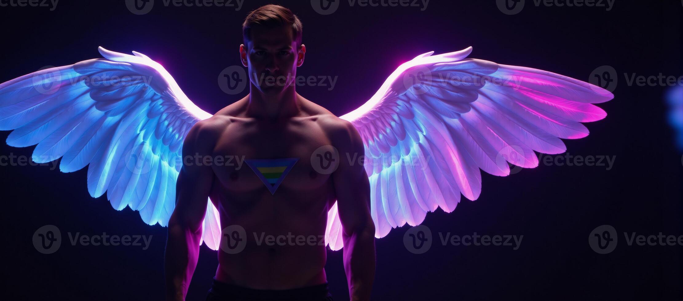 Mystical Winged Figure Muscled Angel with Glowing Neon Wings Gay Symbol No Background photo