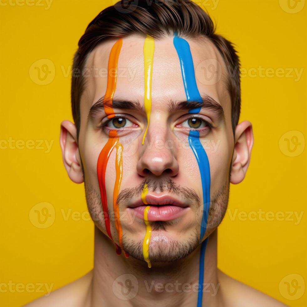 Rainbowpainted man on yellow backdrop A celebration of Pride through vibrant colors and sensual imagery evoking themes of LGBTQ empowerment and love photo