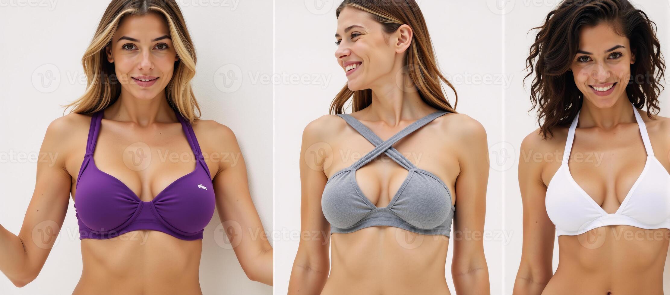 Three women wear stylish sporty bras designed to highlight the chest and waist ideal for summer or swimwear styles photo
