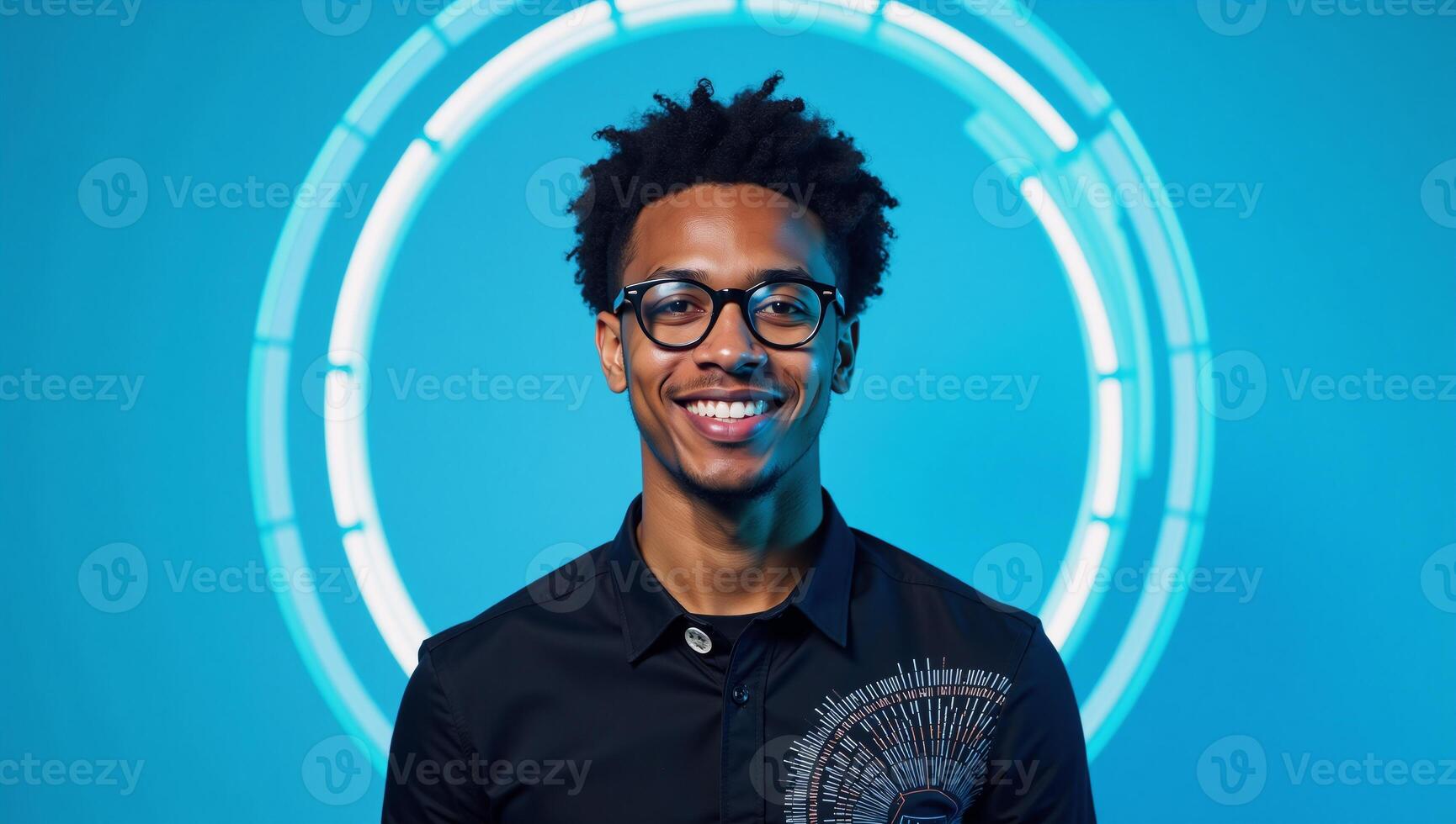 A stylish cyberinspired portrait of a young African American man wearing glasses against a blue backdrop embodying a sense of technological prowess and the future photo
