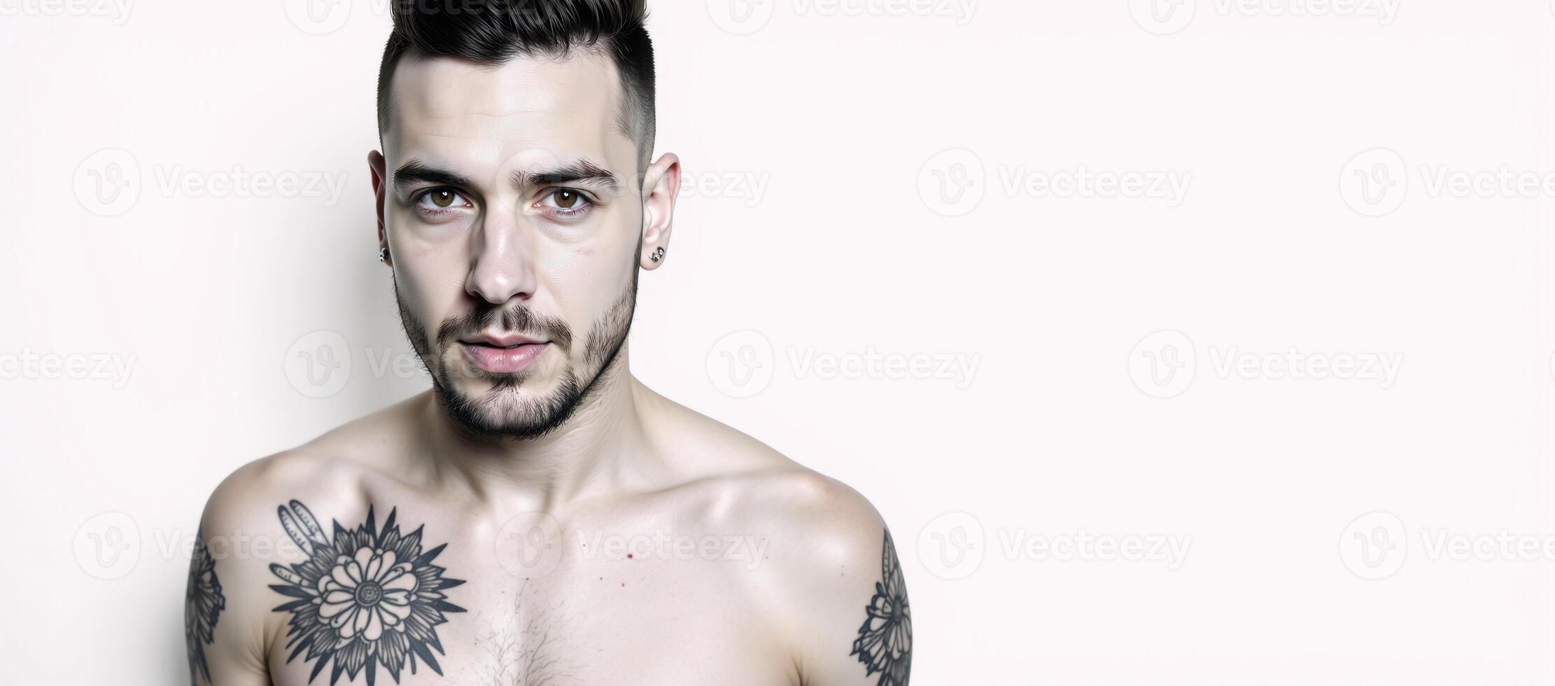 Modern man portrait featuring tattoos and piercings against a monochrome backdrop photo
