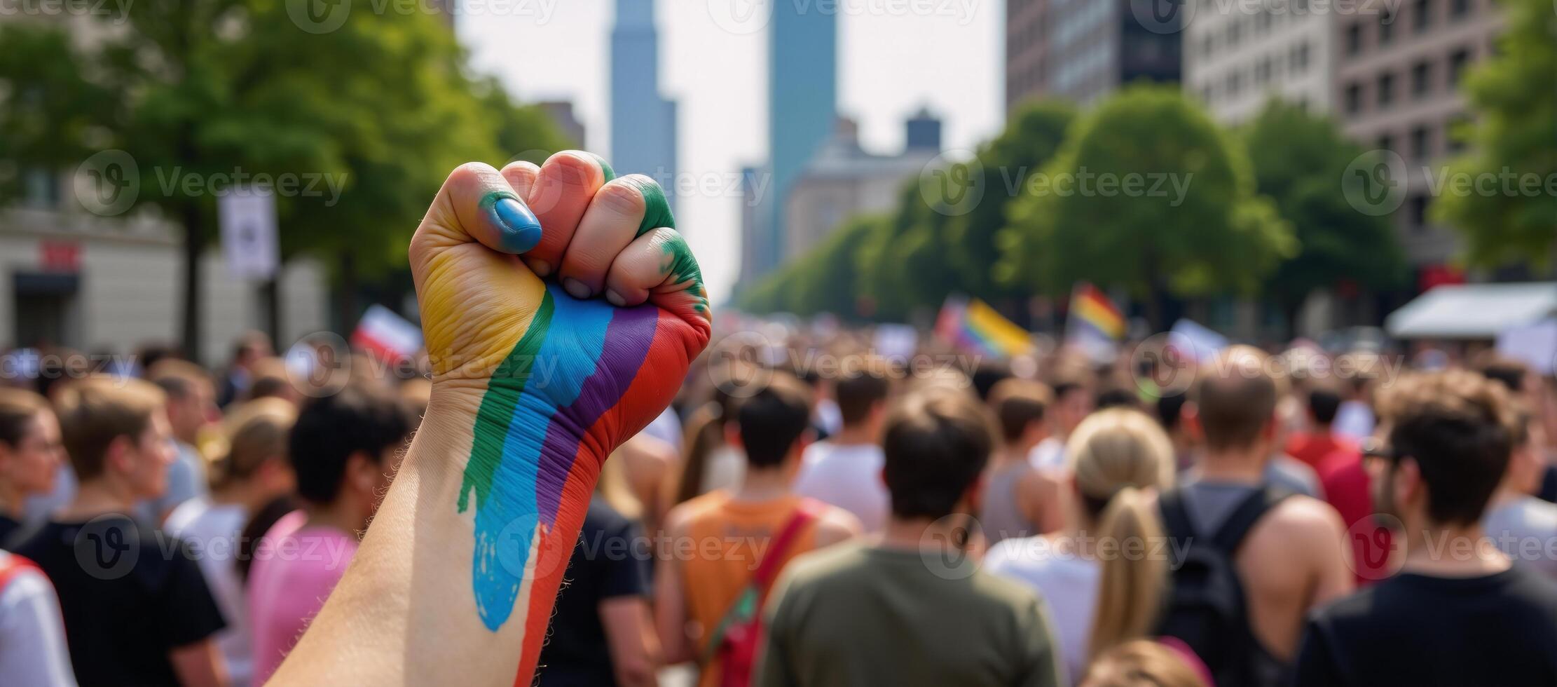 A powerful protest for LGBTQ rights depicted as an oil painting featuring a raised fist with a rainbowcolored Pride flag background and symbols of human diversity unity and female empowerment photo