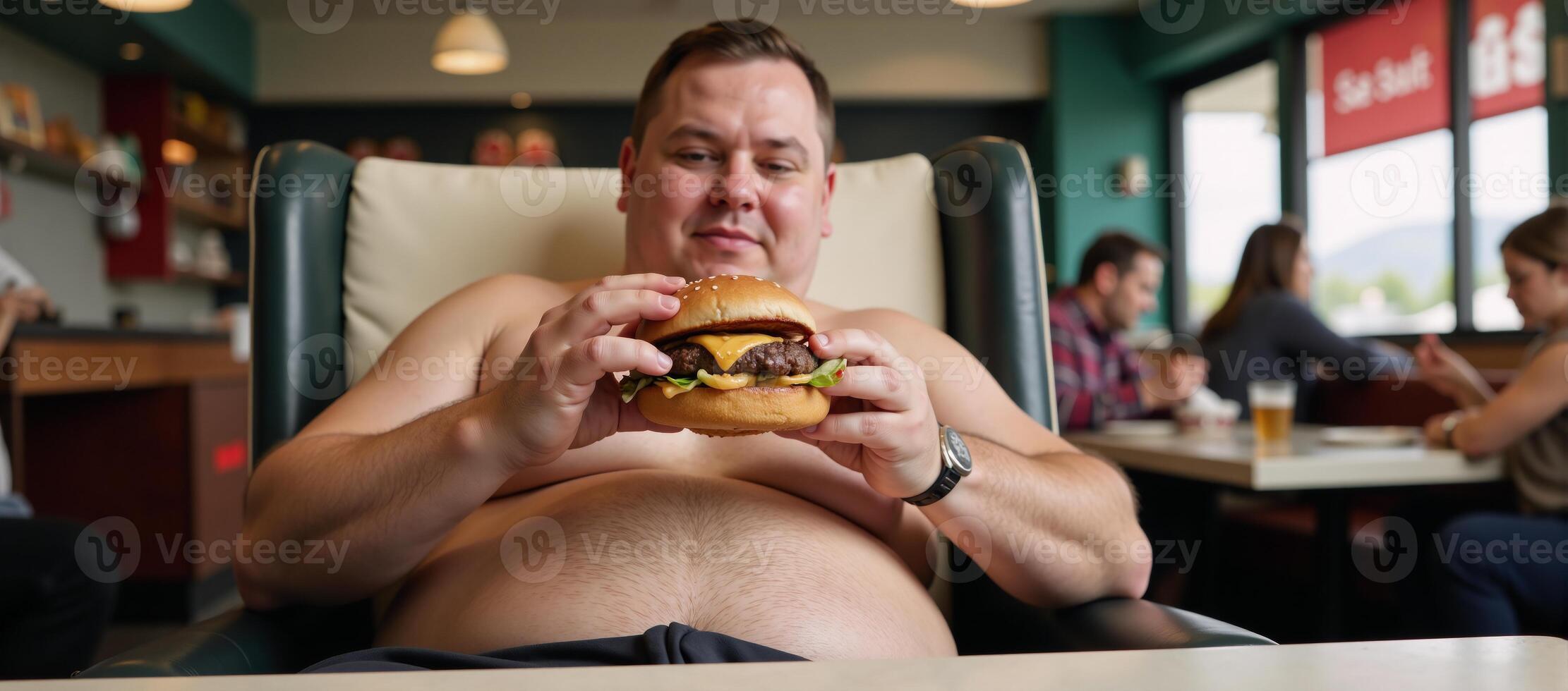 Obese man eating burger in chair Furinspired comical illustration photo