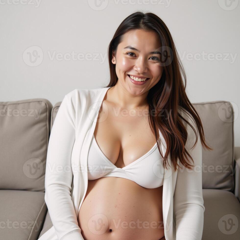 A pregnant woman sits on a couch dressed casually in a white cardigan and bra against a neutral backdrop photo