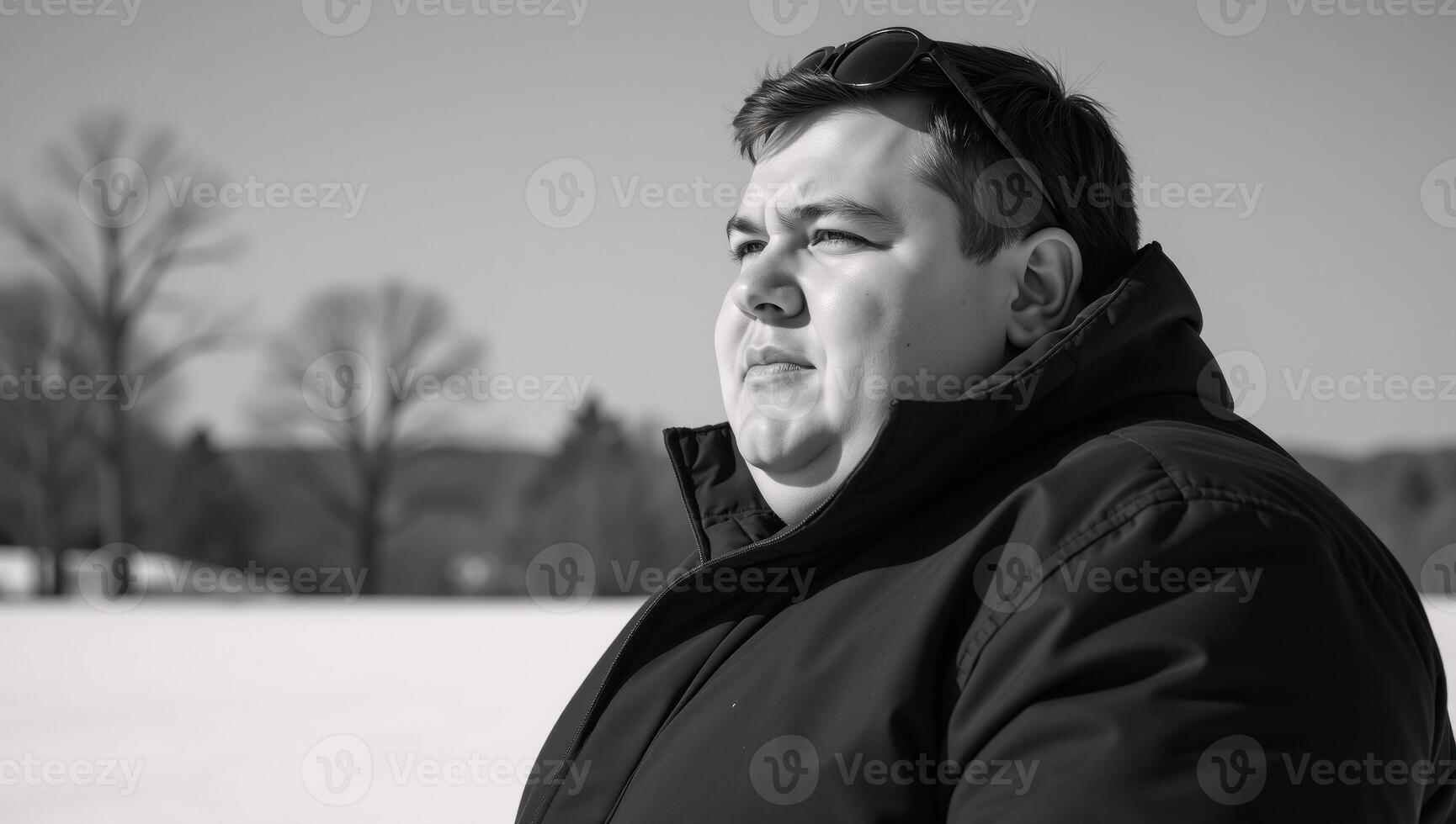 A large man dressed casually with a winter coat and sunglasses photo