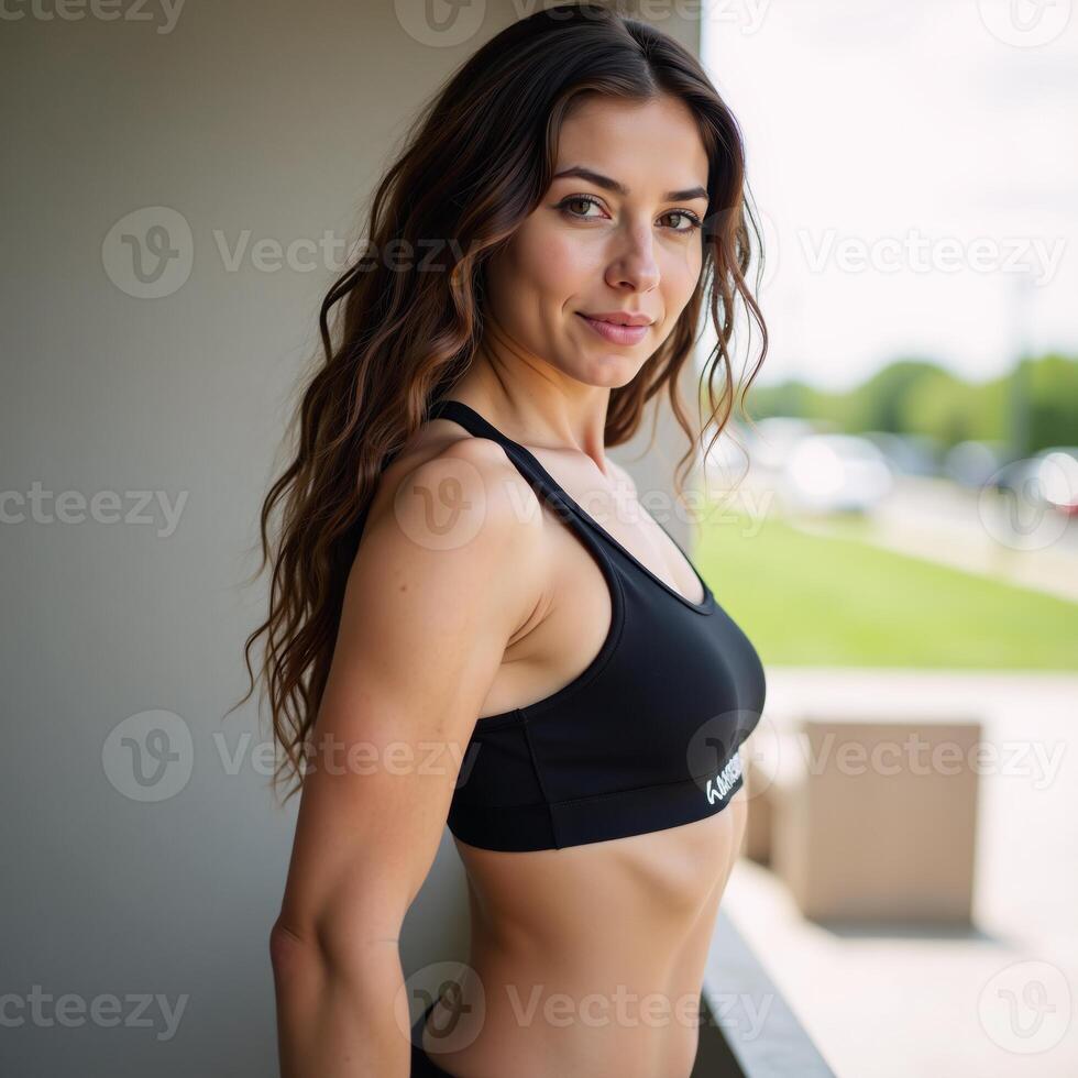 A determinedlooking woman with curly hair in sports bra photo