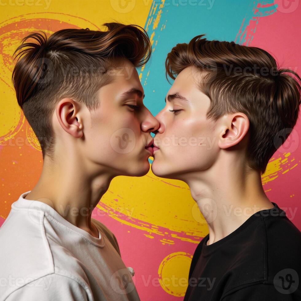 Two young men sharing a tender kiss in contemporary art collage presented creatively with popart retro flair highlighting themes of relationships love and emotions suitable for a romantic card on photo