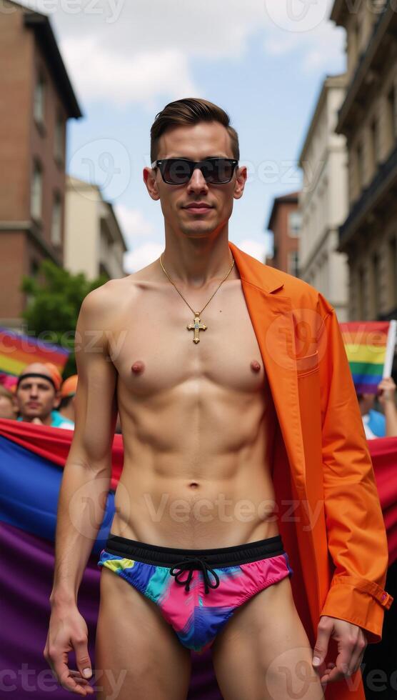 Gay Christian Priest poses amid Pride Parade crowd sporting a golden cross backless underpants glasses and waving pride flag in 4K UltraHigh Resolution photo