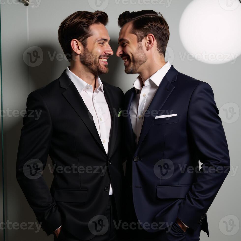 Exquisite studio portrait of gay couple using cinematic lighting against simple background photo