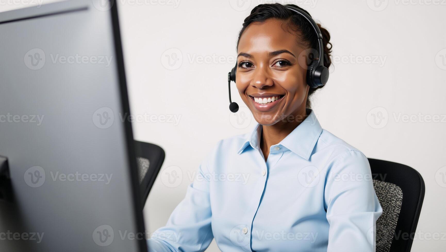 A friendly AfricanAmerican woman offers help via headset during customer service interaction photo