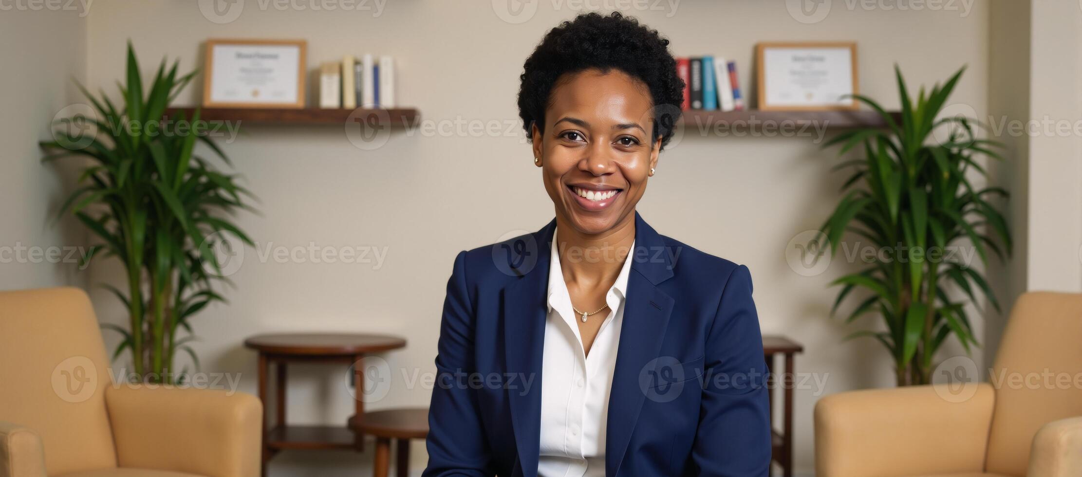 an African American psychology therapist seated in an inviting therapy room furnished with comfortable seating and soft ambient light photo