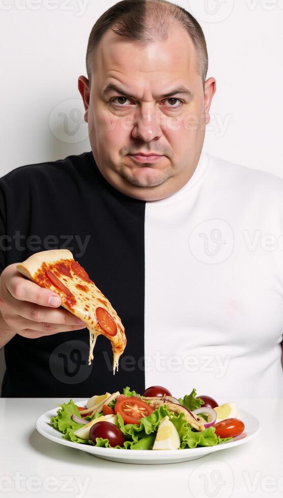 Obese man deliberating between salad pizza split screen In one short sentence I have condensed the prompt to emphasize that the scene involves an obese man contemplating a choice between healthy food photo