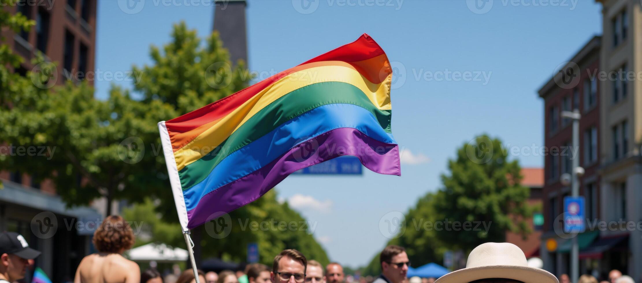 Celebratory scene showcasing a new Pride Flag design soaring against a blue sky symbolizing LGBTQ community unity and pride photo