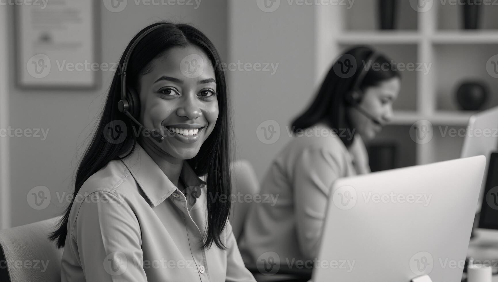 A Telemarketing Agent African American woman smiling while on duty during work in an office environment wearing headset and attending to calls photo