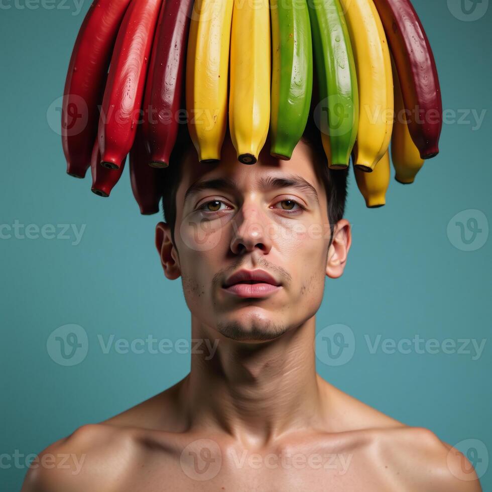 Rainbowcolored banana display showcasing a symbolic representation of gay love and pride set against a sensual mans face in the Tresome style photo
