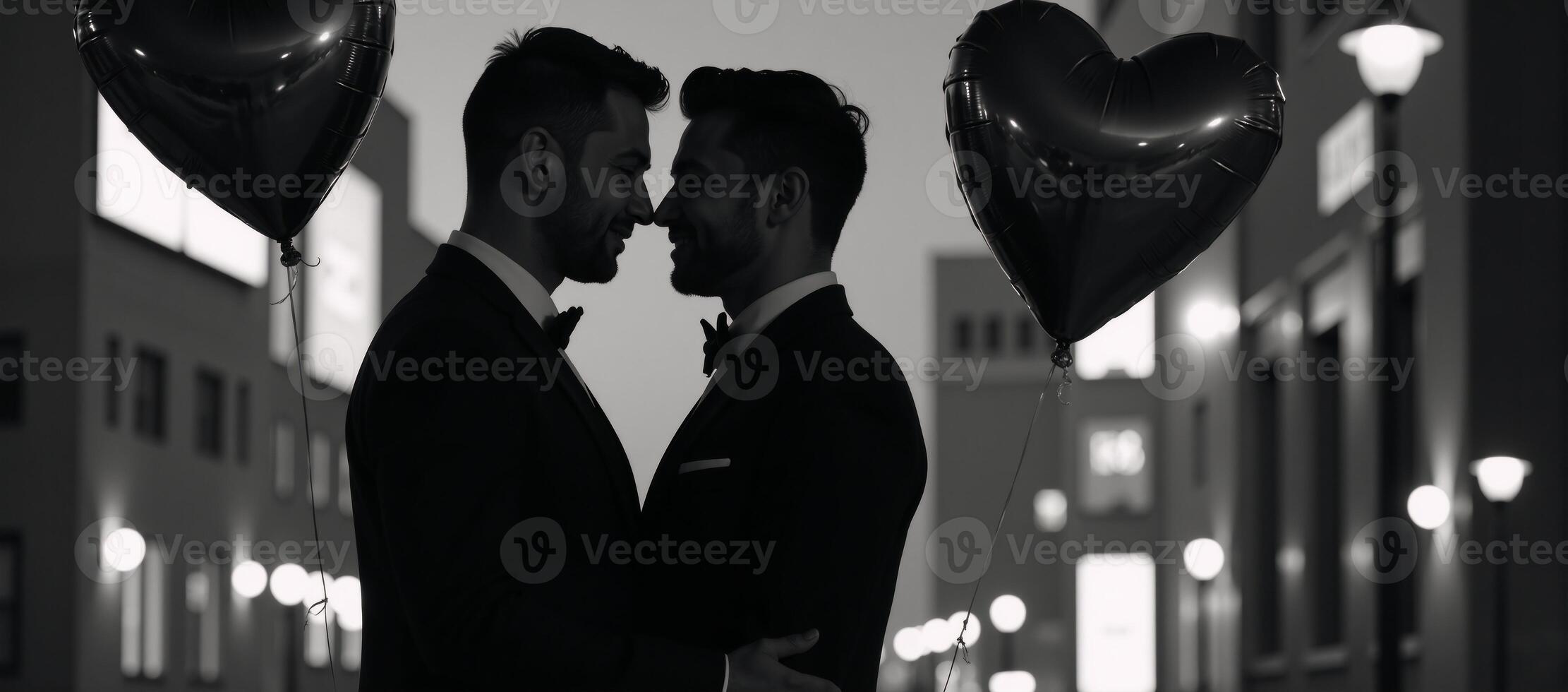 Concept Interracial gay couple celebrating Valentines Day silhouetted embrace between Asian and African American men expressing their love for one another photo