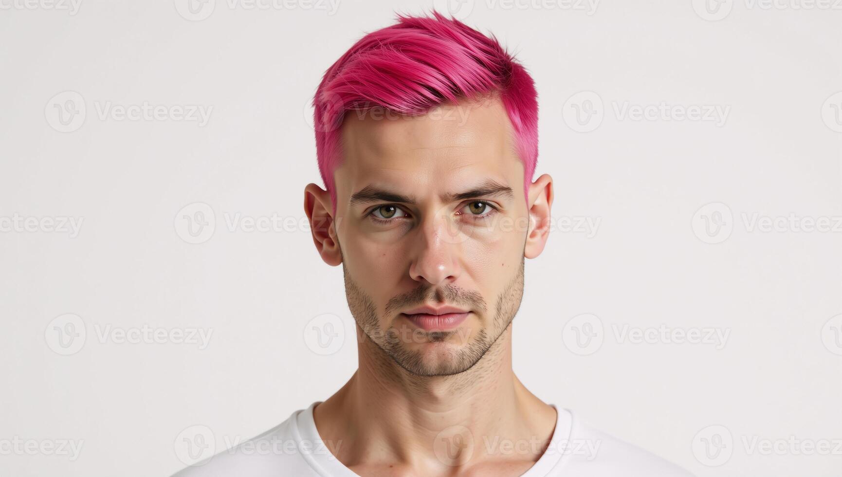 A man with pink hair stands alone against a pure white backdrop embodying isolation in a generative portrait style photo