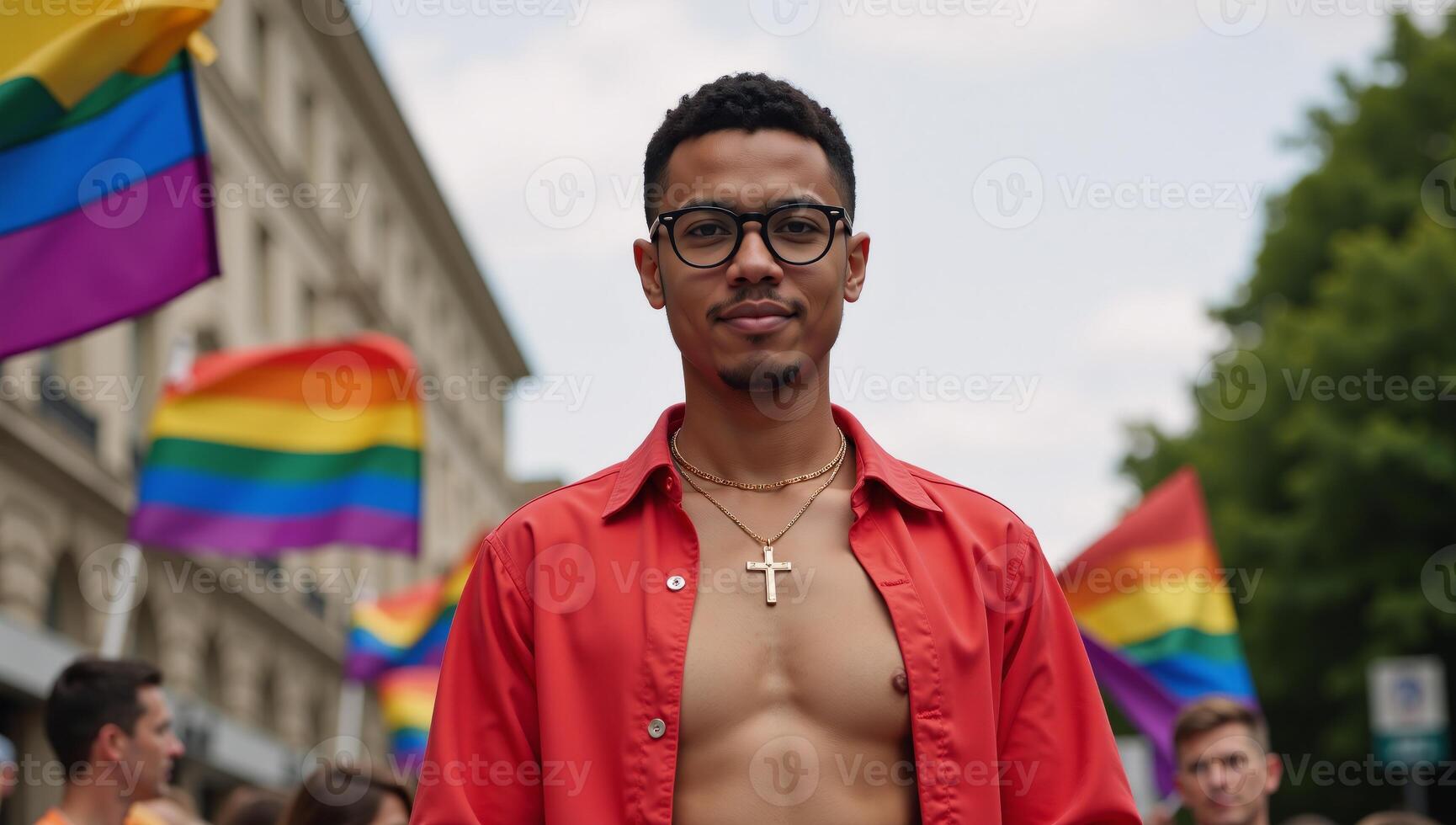 Gay Christian Priest poses amid Pride Parade crowd sporting a golden cross backless underpants glasses and waving pride flag in 4K UltraHigh Resolution photo