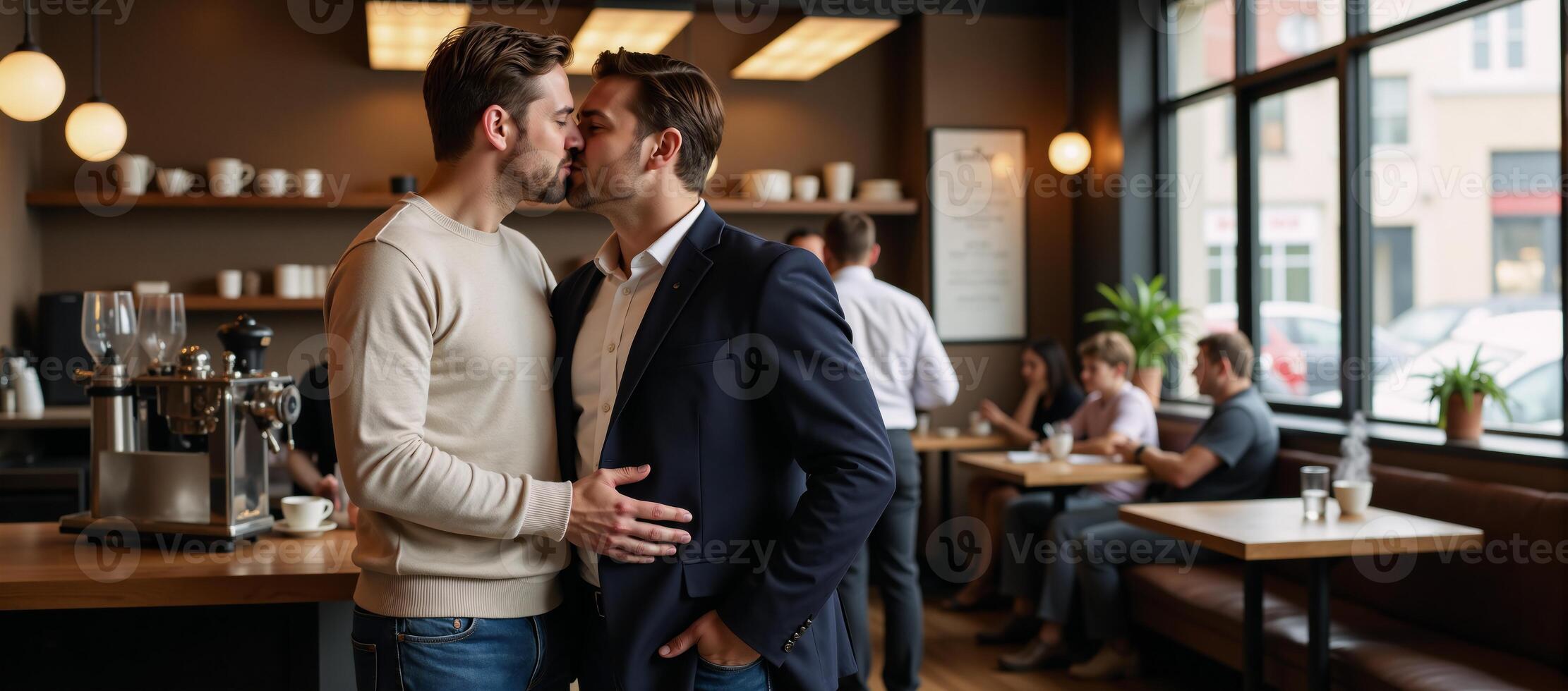 Two gay men preparing for a romantic moment inside a cozy coffee shop photo