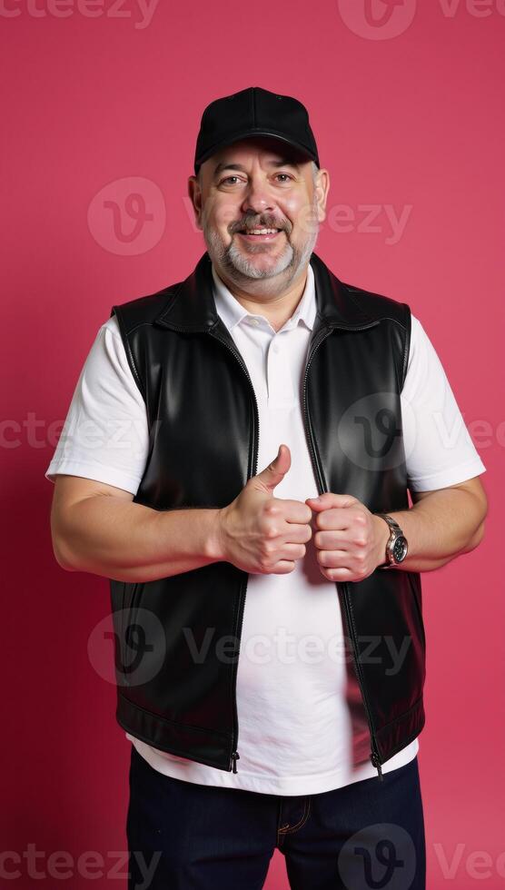 Studio portrait features strong 50year old man in leather vest beard gray hair with cap against a pink backdrop includes empty space for added text photo