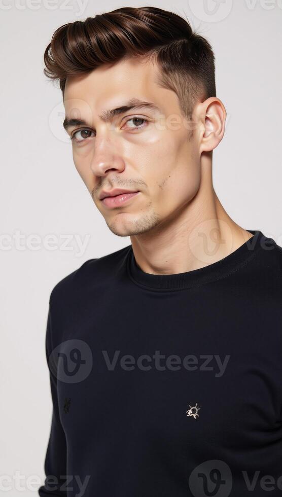 Closeup portrait of a man with an emphasis on his face showcasing a prominent jawline and defined features suggestive of a masculine gay individual photo