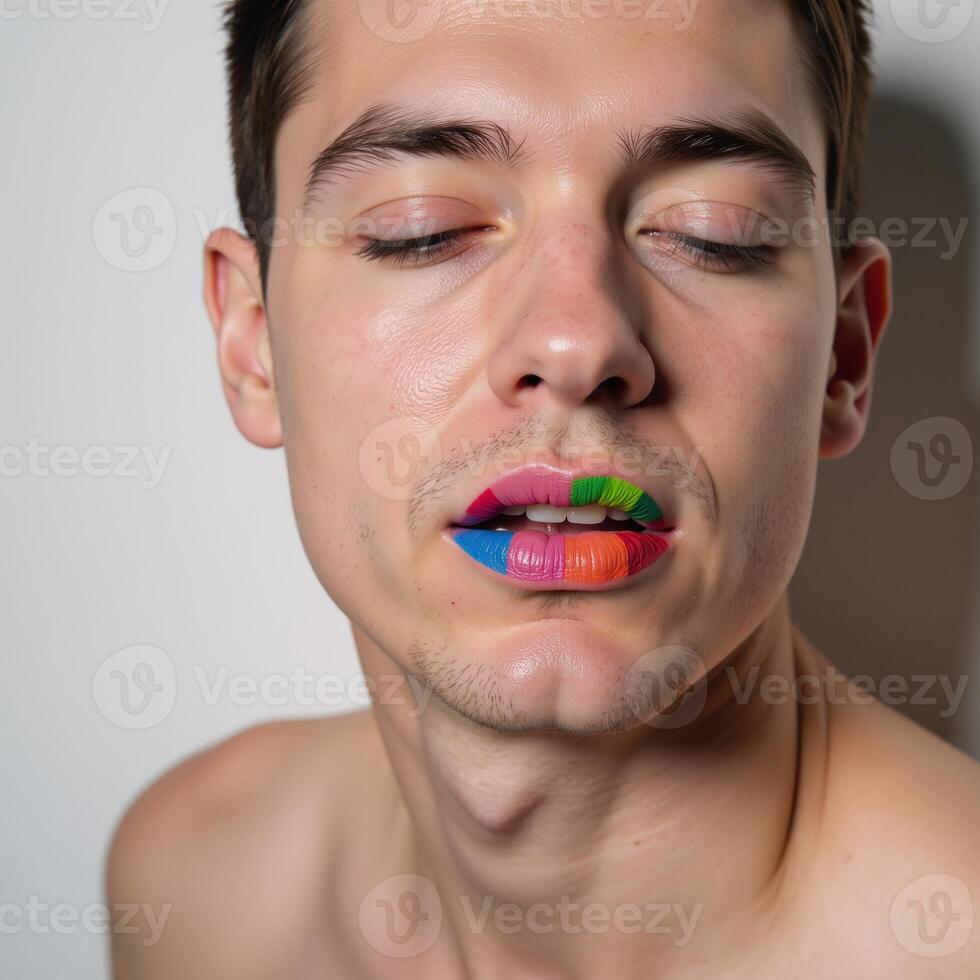 A man sporting vibrant colorful lips depicted in a closeup shot representing either Pride or LGBTQ themes photo