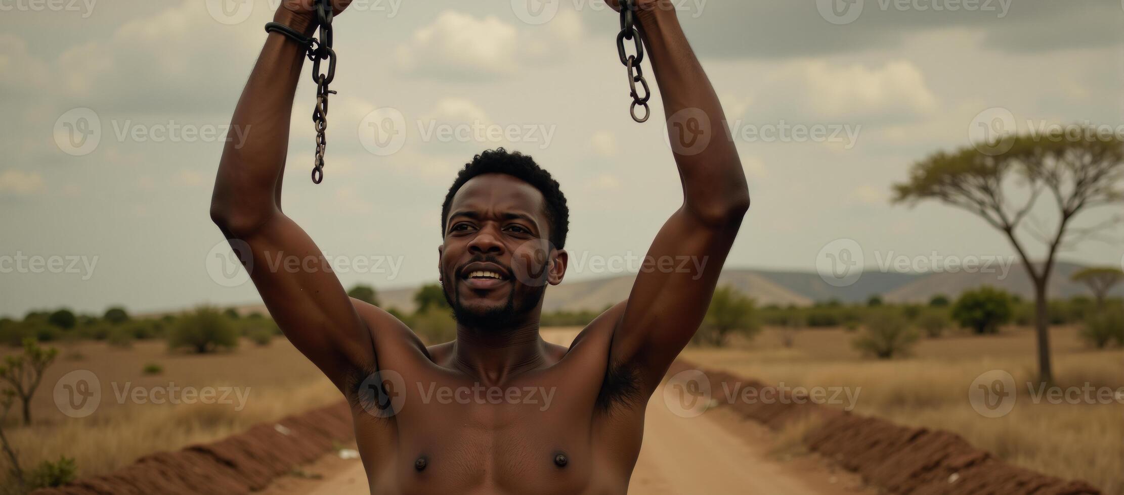 African American slave breaking free from chains symbolizing emancipation photo