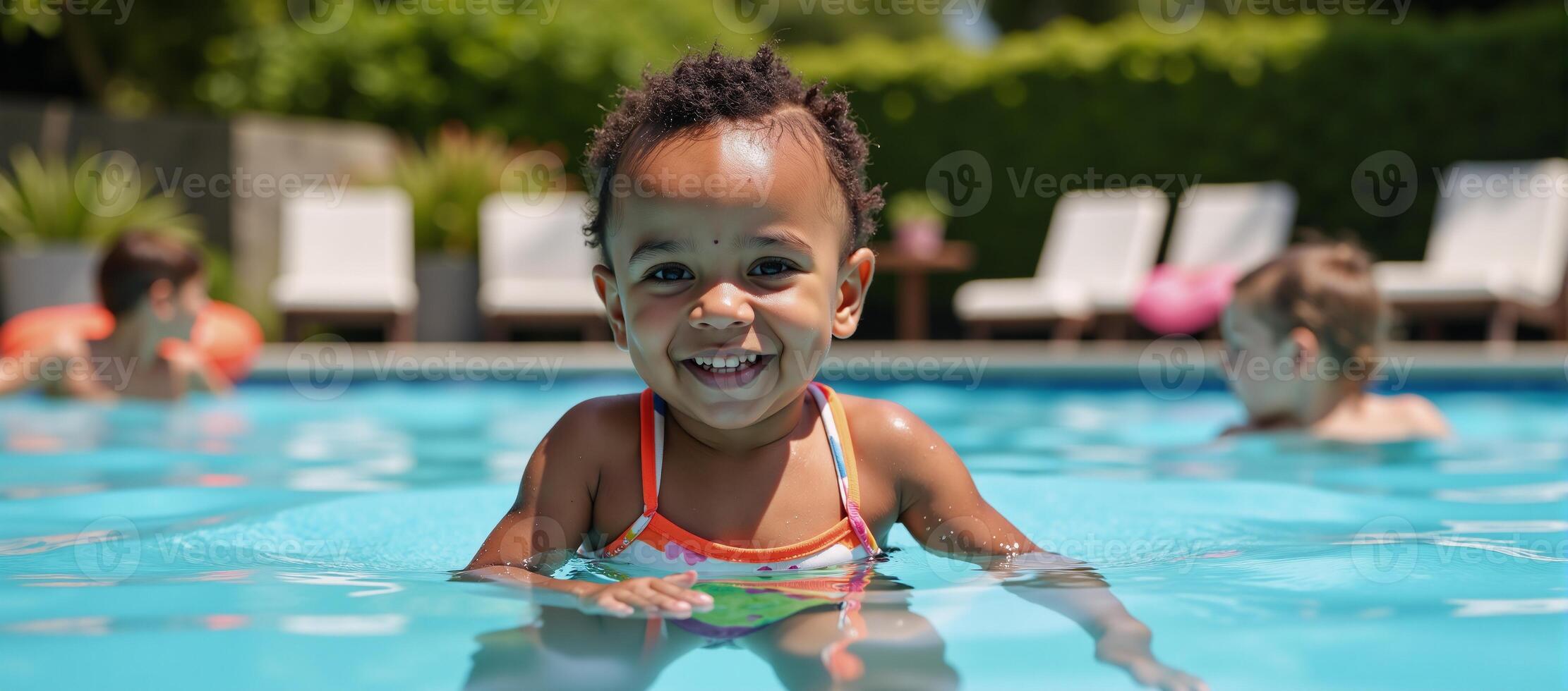 Happy African American toddler enjoys summer vacation by learning to swim at an outdoor pool photo