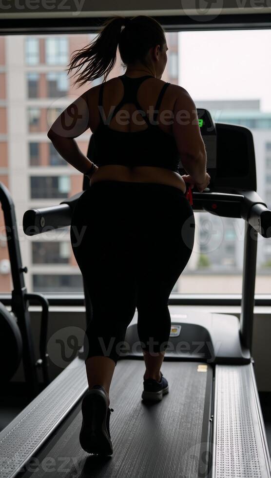 Obese woman jogging on a treadmill silhouette photo