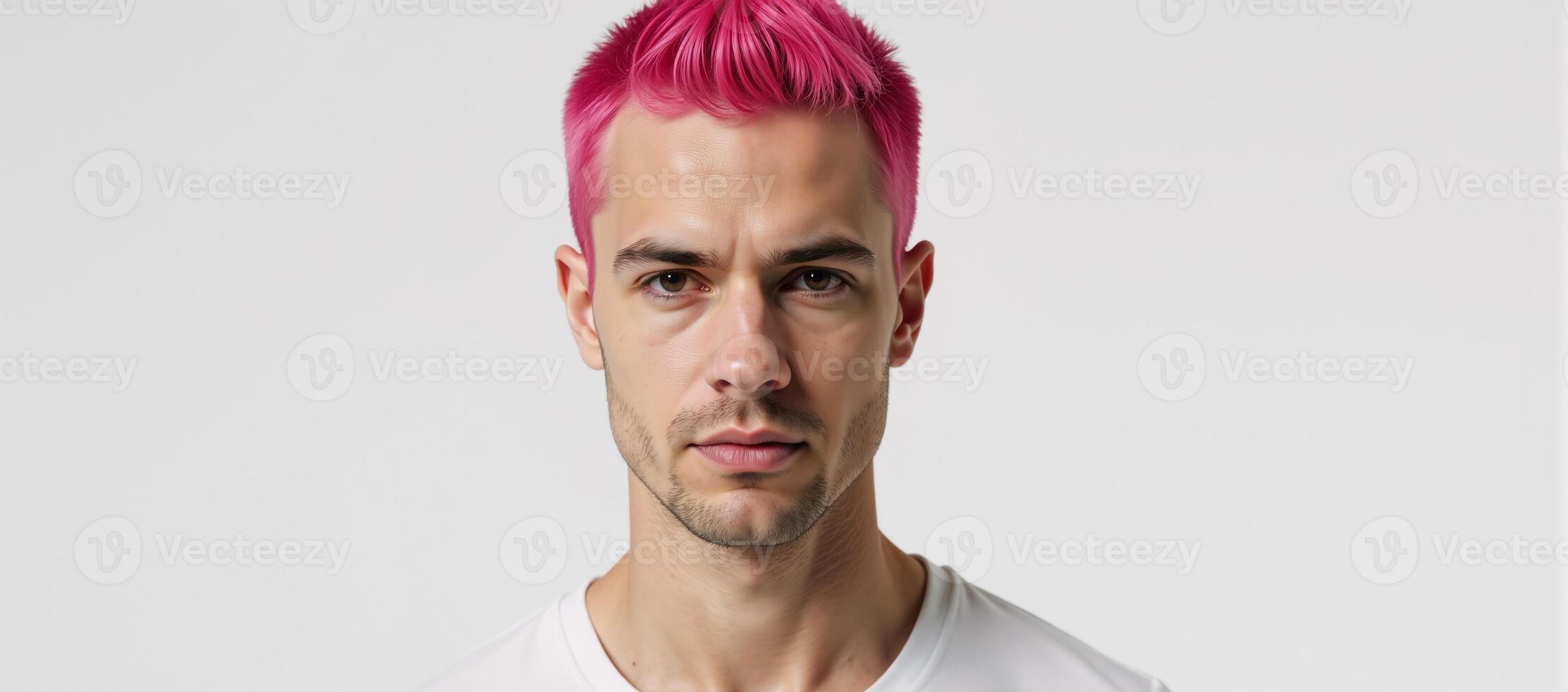 A man with pink hair stands alone against a pure white backdrop embodying isolation in a generative portrait style photo