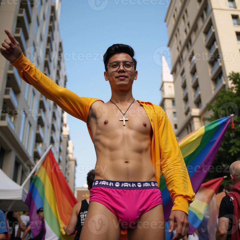 Gay Christian Priest poses amid Pride Parade crowd sporting a golden cross backless underpants glasses and waving pride flag in 4K UltraHigh Resolution photo