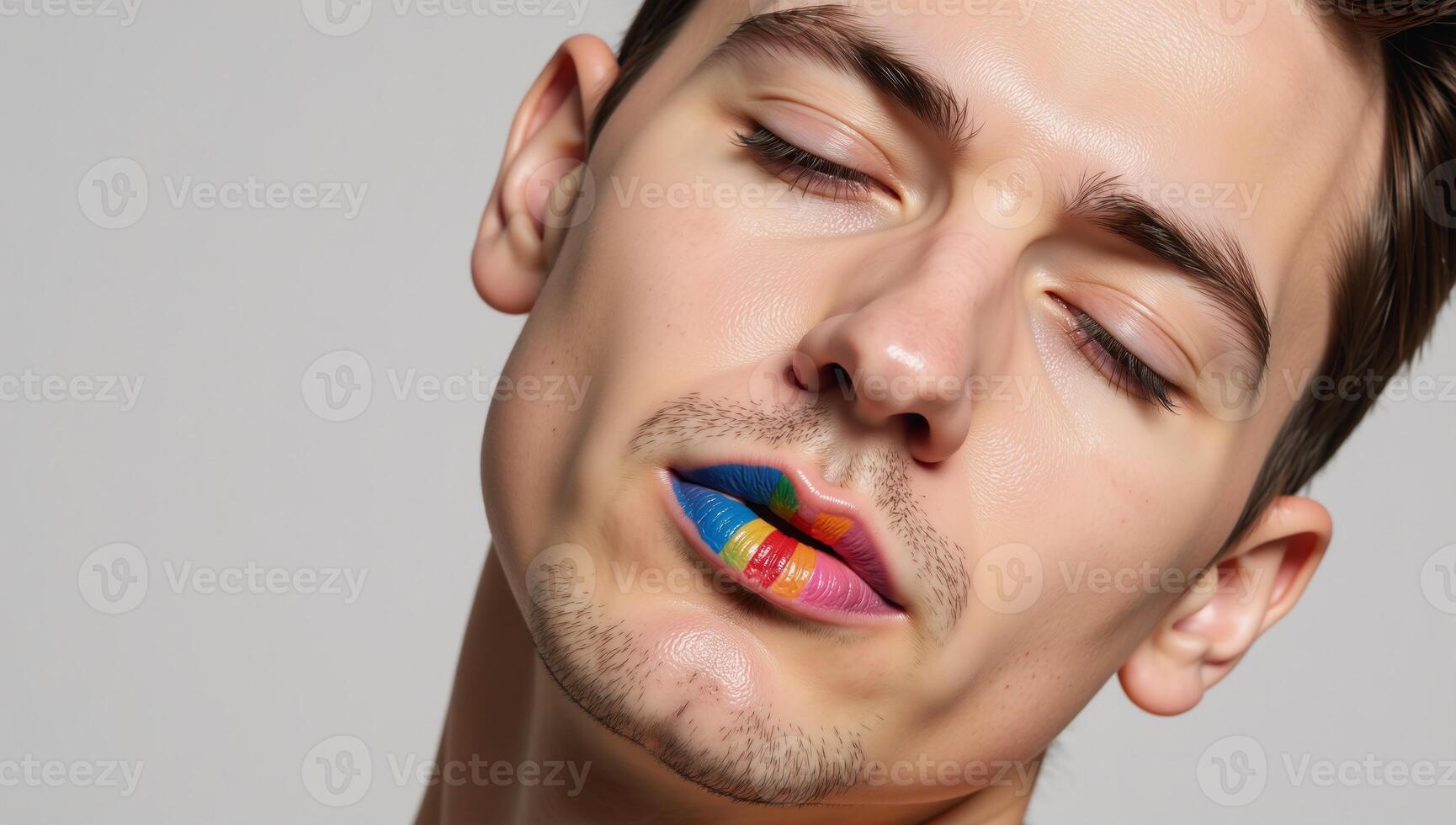 A man sporting vibrant colorful lips depicted in a closeup shot representing either Pride or LGBTQ themes photo