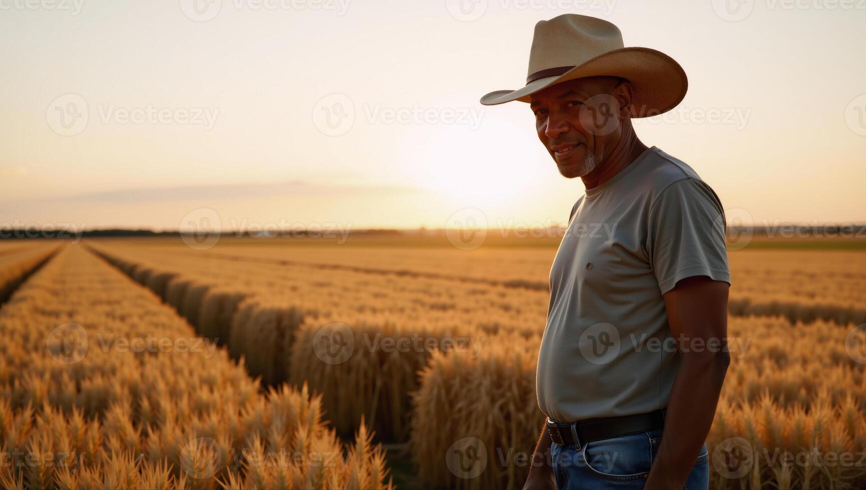 African American Farmer working amidst fields during sunset Generative photo