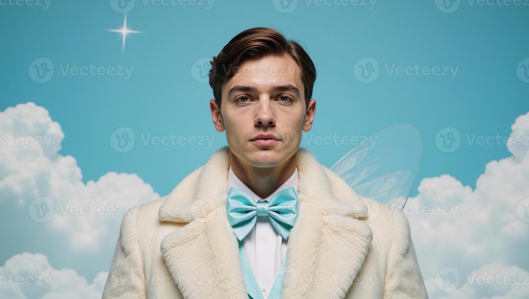 Enchanting skystar backdrop with a dreamy wavy valley featuring a radiant gay furry fairy amidst pastel hues and a soft pinkblue light photo