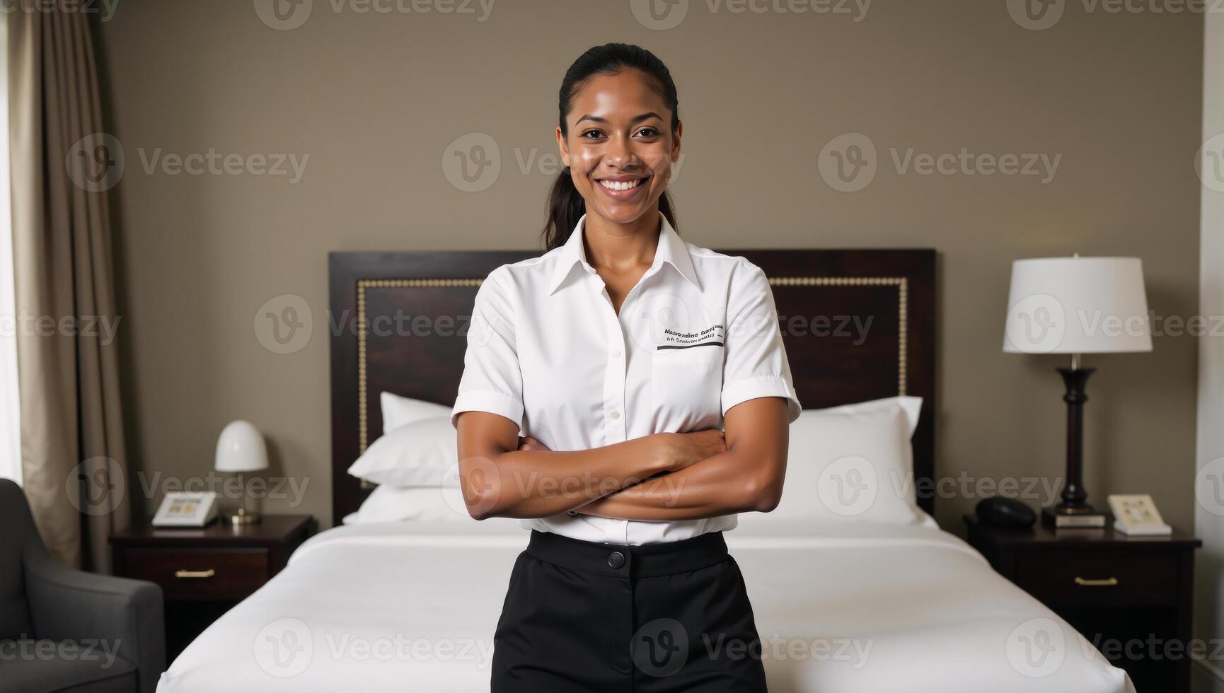 A smiling AfricanAmerican hotel maid stands by a bed in uniform photo