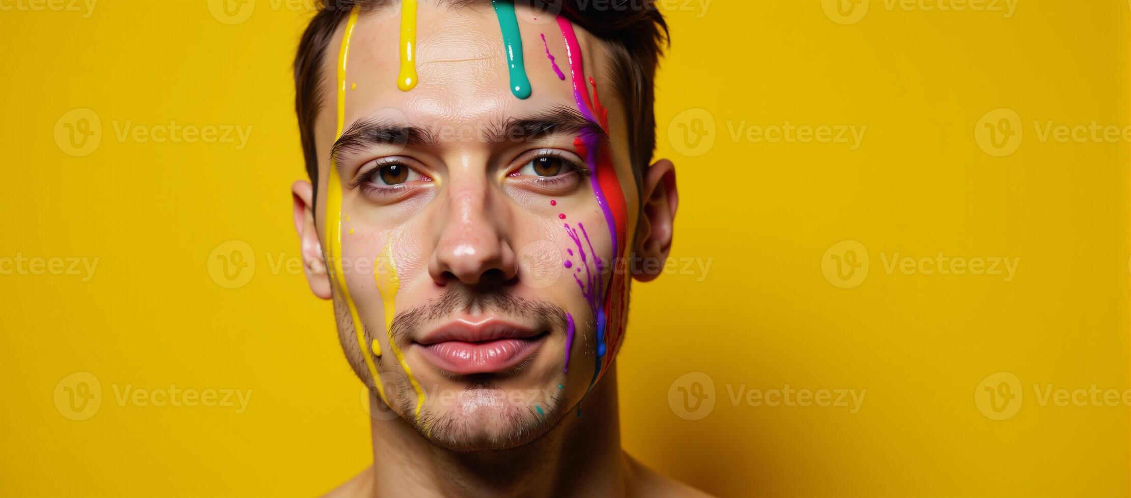 Rainbowpainted man on yellow backdrop A celebration of Pride through vibrant colors and sensual imagery evoking themes of LGBTQ empowerment and love photo