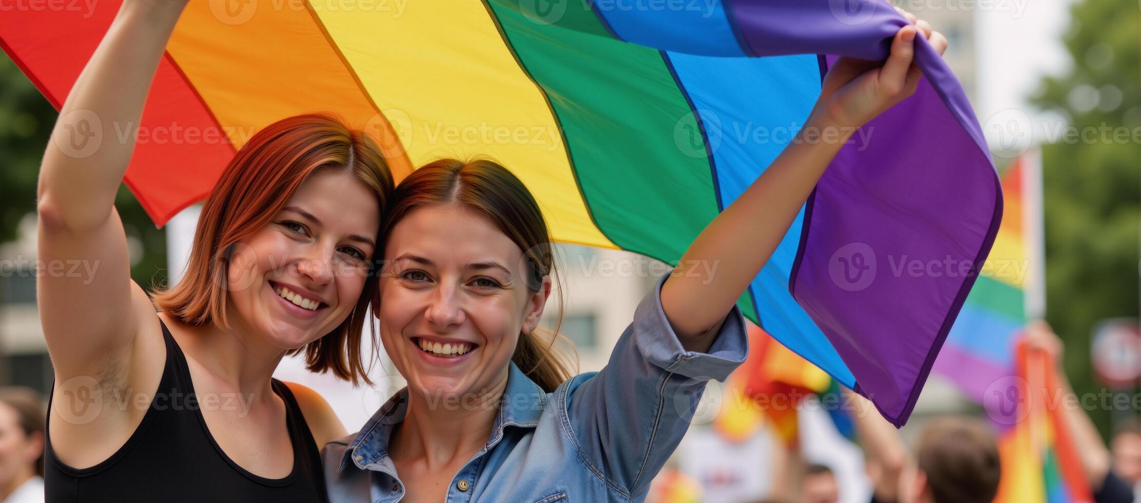 Lesbian couple raises Rainbow Pride Flag in celebration of LGBTQ Pride Month photo