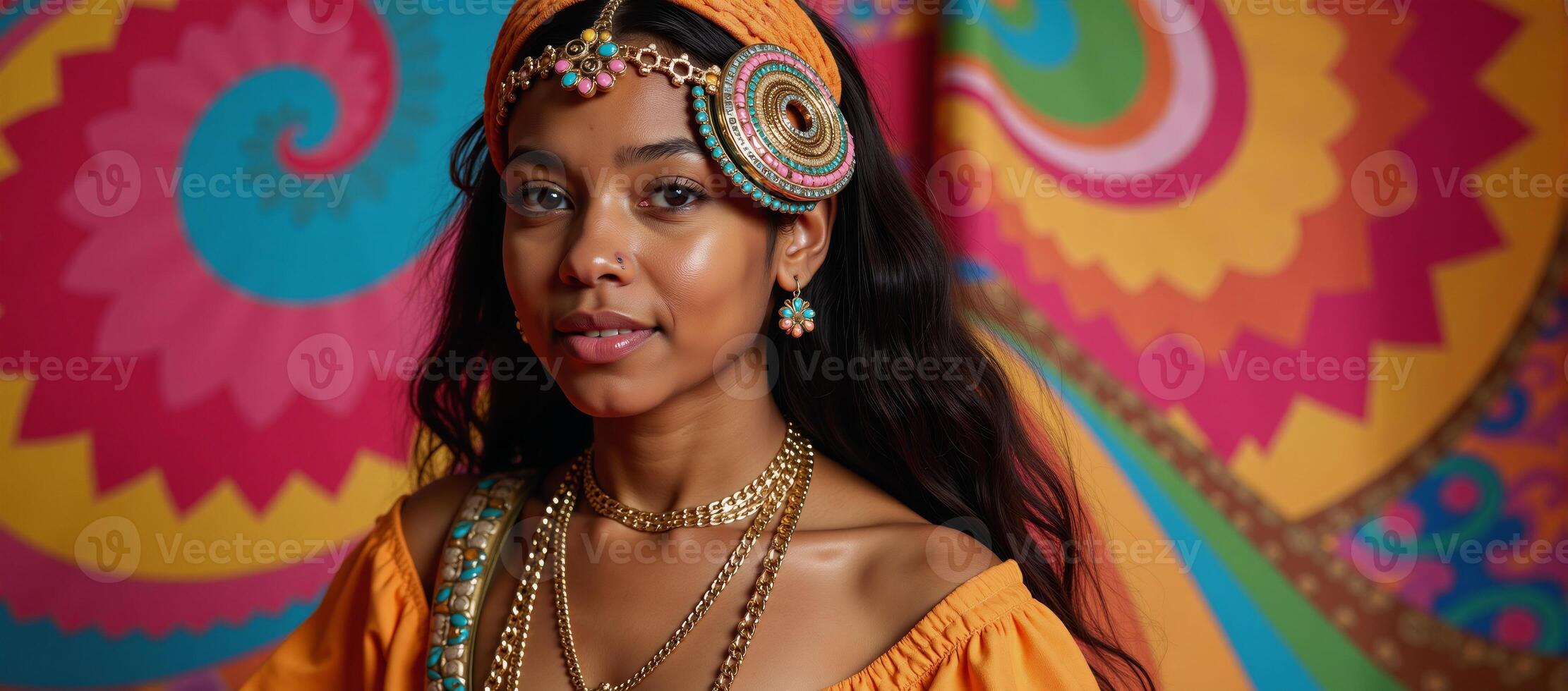 A seventiesinspired psychedelic portrait of an elegantly dressed Black African American woman photo