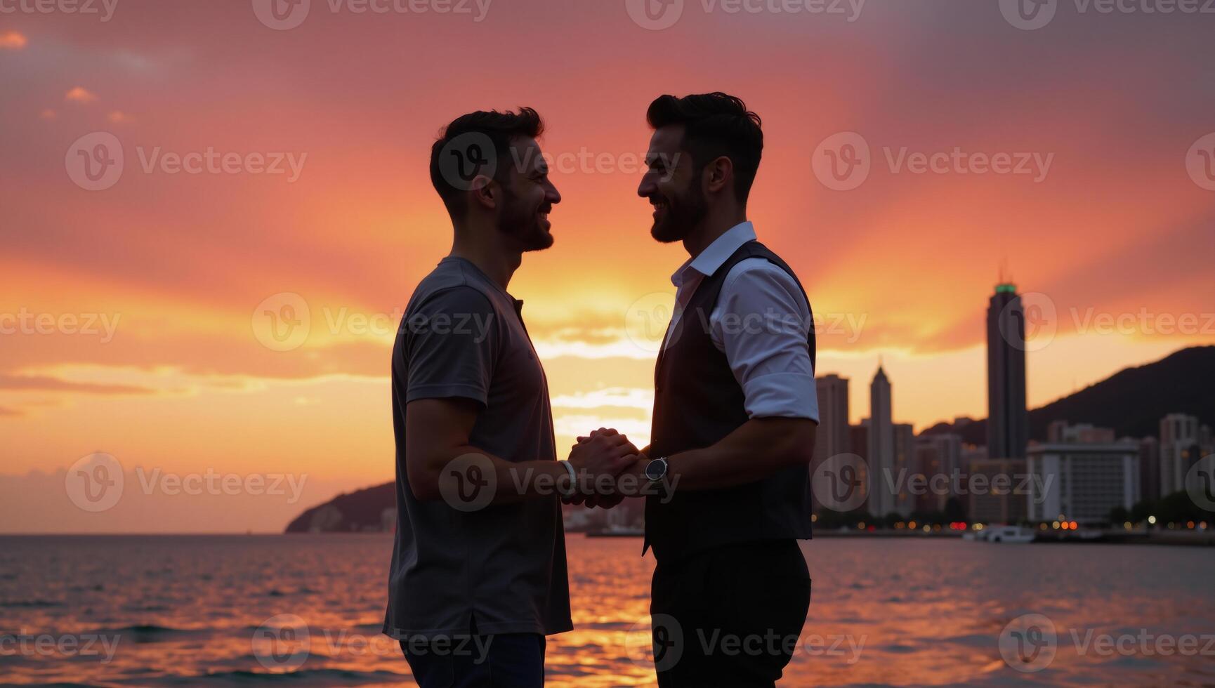 Two happy men embrace in a sunset seaside cityscape depicted only as joyful silhouettes with clasped hands photo