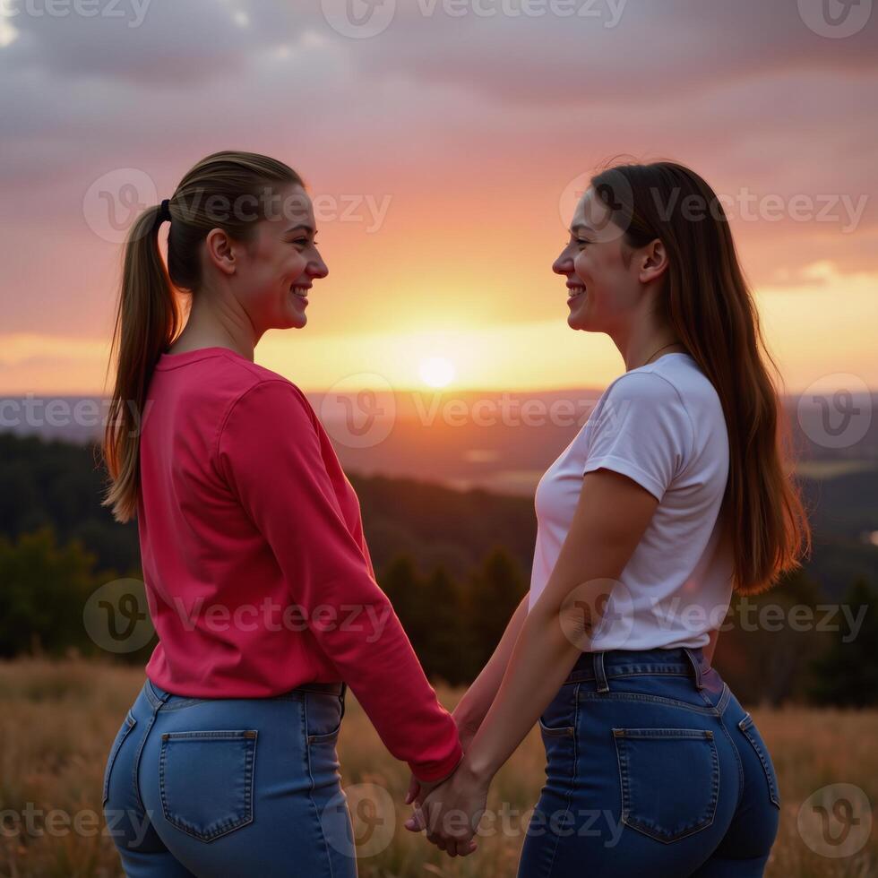 Celebrating Pride Month with a heartwarming depiction of two sisters strolling at sunset hands entwined in an expression of love and friendship exuding joy and happiness against a colorful LGBTQ photo