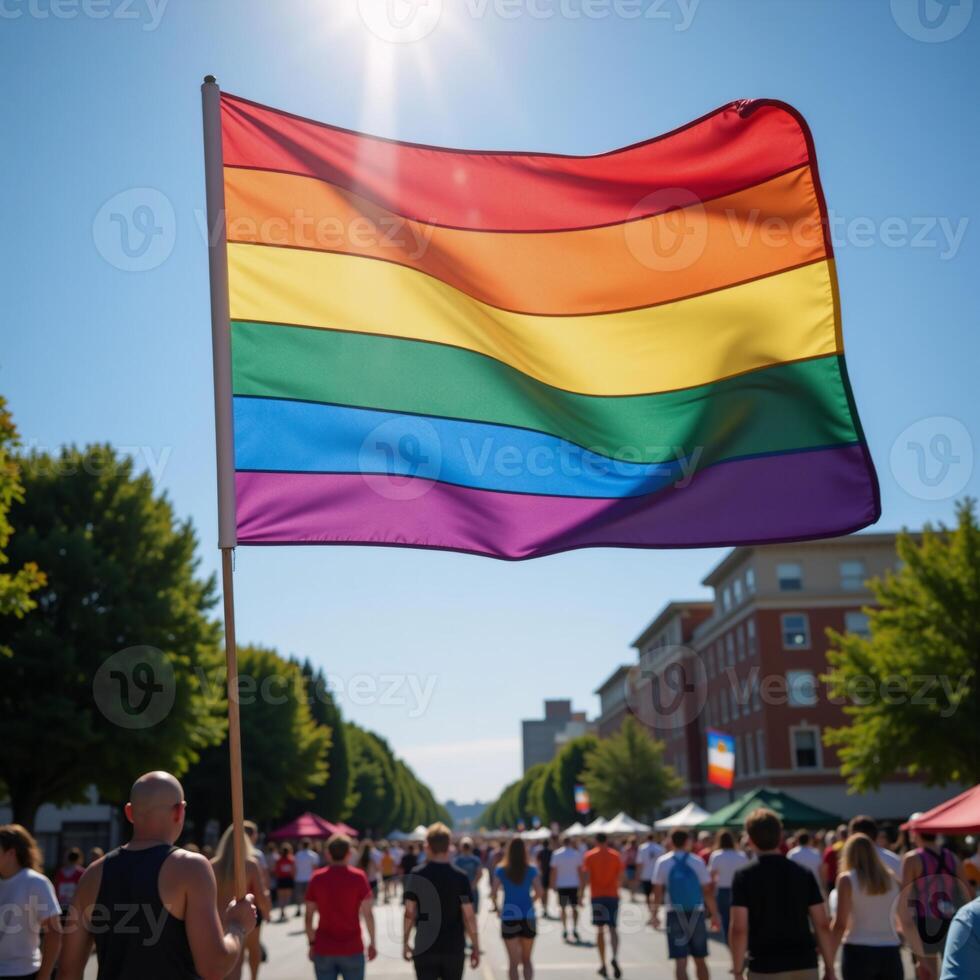 Celebratory scene showcasing a new Pride Flag design soaring against a blue sky symbolizing LGBTQ community unity and pride photo
