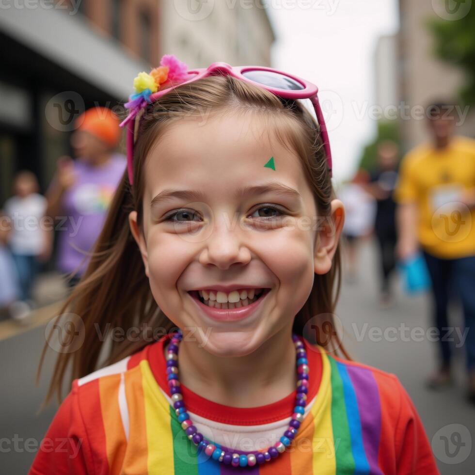 Smiling child in colorful closeup at Gay Pride Parade Joy and Inclusion depicted through rainbow hues on a childs face photo