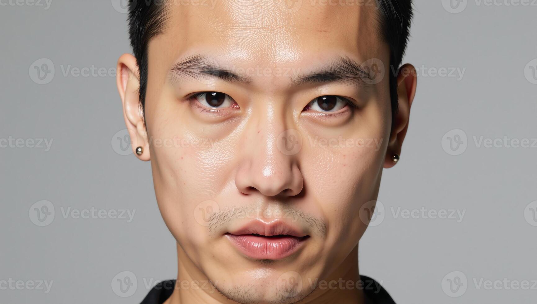 Closeup portrait of an Asian transgender man with red lipstick and earrings photo