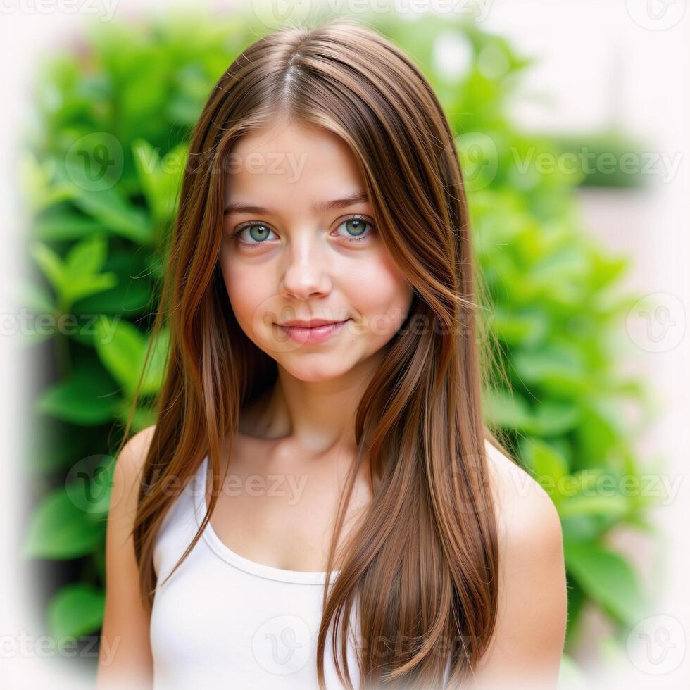 A photorealistic portrait depicting a woman with blue eyes and long hair dressed in a green bra photo