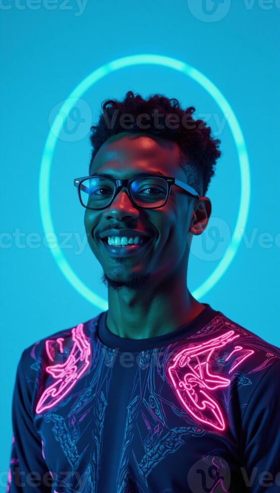 A stylish cyberinspired portrait of a young African American man wearing glasses against a blue backdrop embodying a sense of technological prowess and the future photo