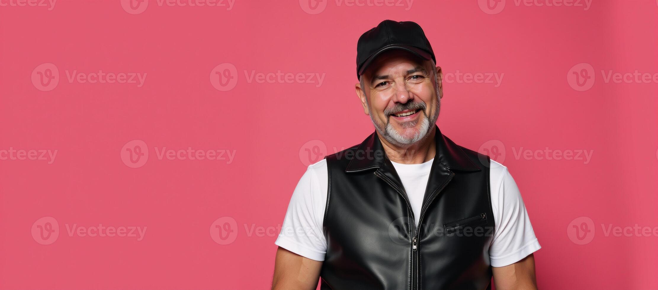 Studio portrait features strong 50year old man in leather vest beard gray hair with cap against a pink backdrop includes empty space for added text photo