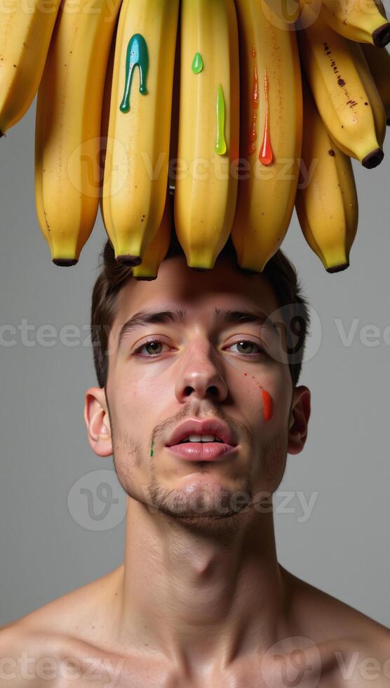 Rainbowcolored banana display showcasing a symbolic representation of gay love and pride set against a sensual mans face in the Tresome style photo