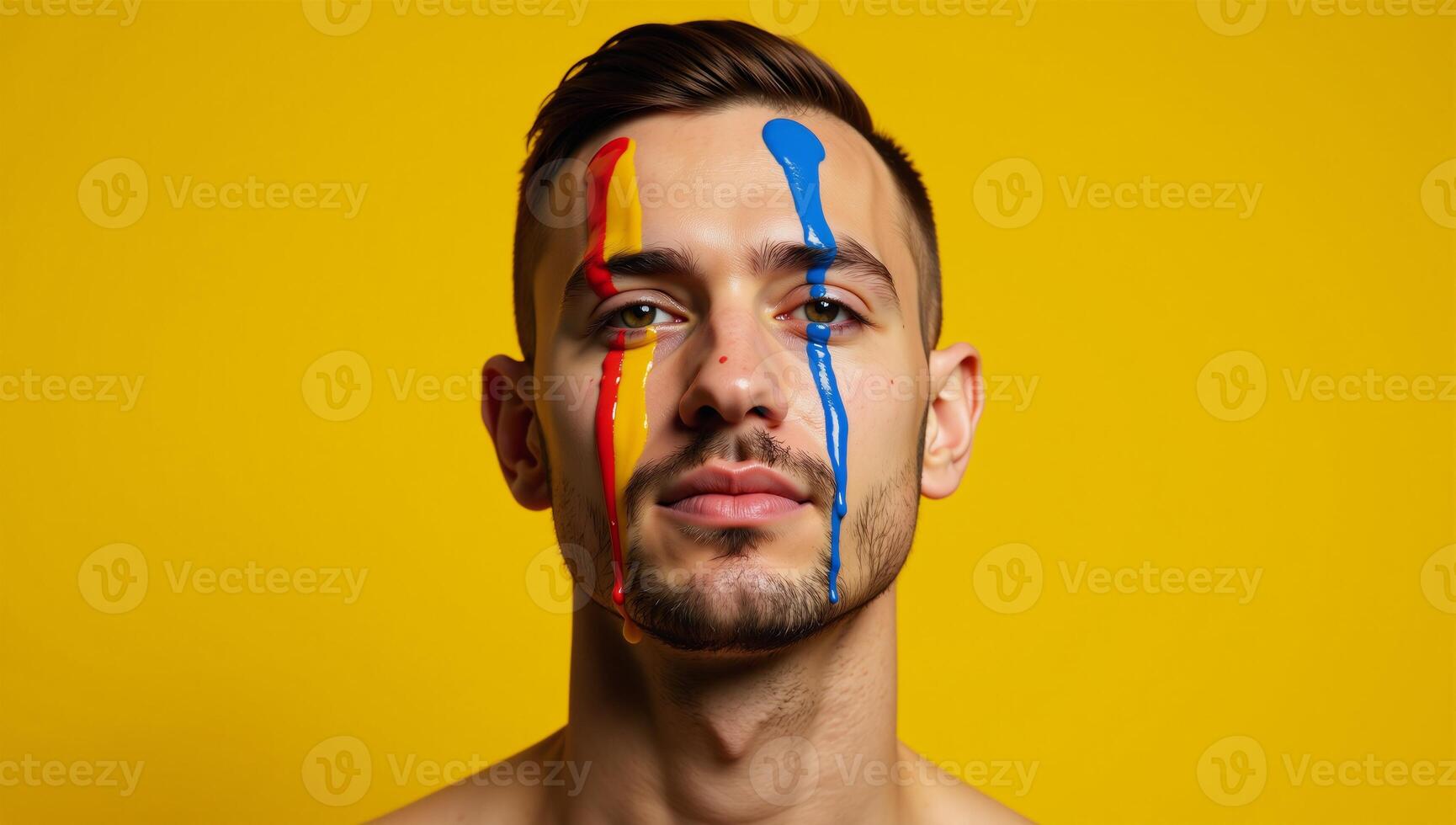 Rainbowpainted man on yellow backdrop A celebration of Pride through vibrant colors and sensual imagery evoking themes of LGBTQ empowerment and love photo